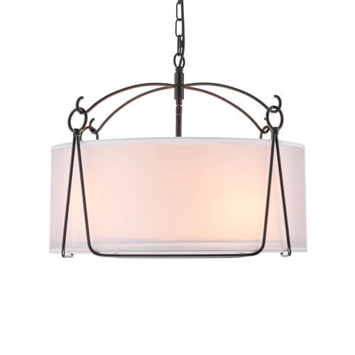 4 Light Modern Layered Fabric Dining Room Light Fixtures Over Table 20.5 Drum Chandelier for Dining room, Living room, Bedroom, Kitchen or Foyer. Black Drum Pendant Light with Adjustable Height