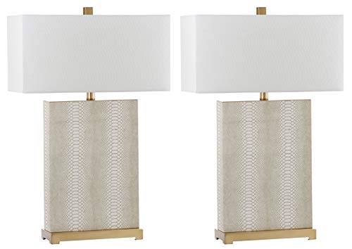 SAFAVIEH Lighting Collection – Set of 2 Joyce Modern Art Deco Faux Snakeskin Table Lamps, Cream with Brass Gold Accents, 28-Inch, LED Bulbs Included, Bedroom Living Room Home Office (LIT4402G-SET2)
