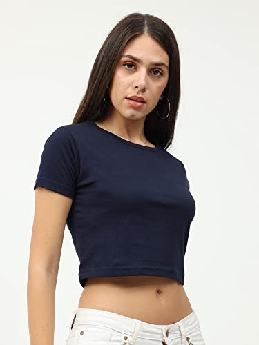 Image of FLEXIMAA Women's Cotton Plain Round Neck Half Sleeve Crop Top