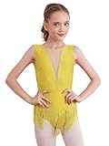 iiniim Maillot de Baile Latino con Flecos para Niña Vestido de Patinaje Sobre Hielo Competición Maillot Brillante Leotardo Gimnasia de sin Manga Vestido de Baile Salsa B Amarillo 15-16 años