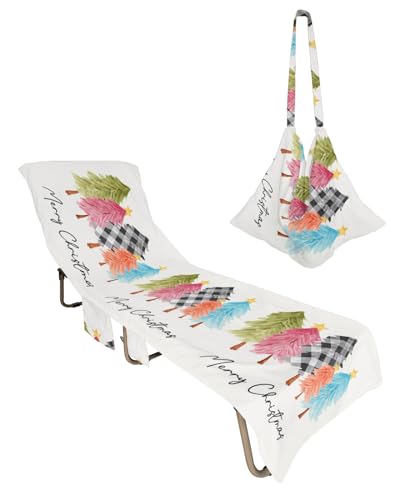 Christmas Tree Beach Chair Towel Covers for Chaise Lounge with Side Pocket, Soft Plush Pool Towels Cover for Patio Sunbathing Outdoor 29''x85'' Colorful Buffalo Plaid Checkered