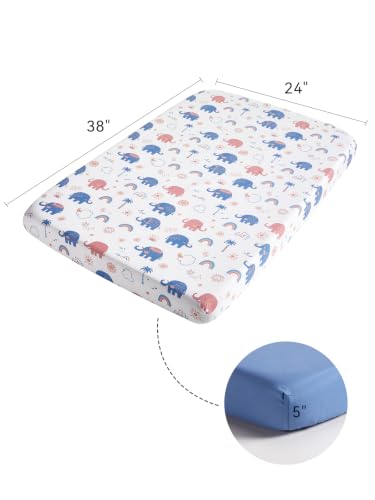 Image of TILLYOU Mini Crib Fitted Sheets - Soft Knit Sheet for Pack N Play, Microfiber Mini Crib Sheets, 38 x 24 Playpen Bedding Sheet for Baby 2 Pack, Machine Washable, Elephant Rainbow