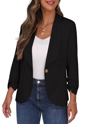 PrinStory Blazer Damen Sportlich Elegant 3/4 Ärmel Blazer Büro Female Geschäft Dressy Jack Outfits Für Die Arbeit (Schwarzer Blazer, US 8, EU 38)