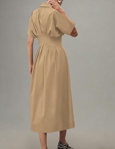 Image of Yeokou Shirt Dress for Women Summer Casual Short Sleeve Button Down Loose Pleated Maxi Sundress with Pockets