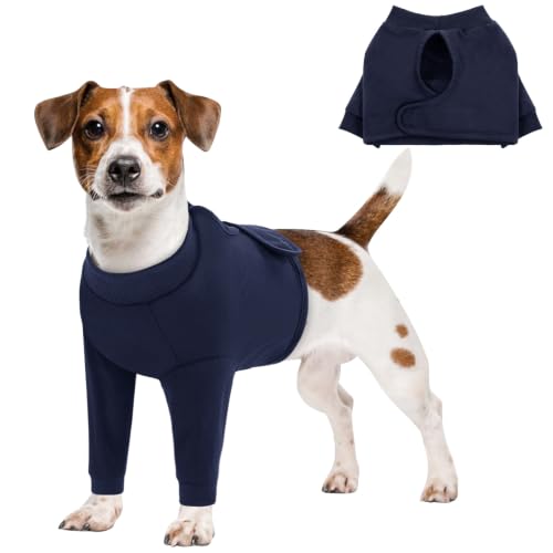 Image of Queenmore Dog Leg Sleeve to Stop Licking, Alternative to Cone of Shame, After Surgery Dog Elbow Protector with Magic Tapes, Recovery Suit for Dogs, Navy Blue, S