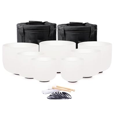 Hye-eun 432hz 7pcs Crystal Singing Bowl Set Sound Bowls Set with Carrying Case for Yoga Sound Healing (7-12"432hz white black bag)