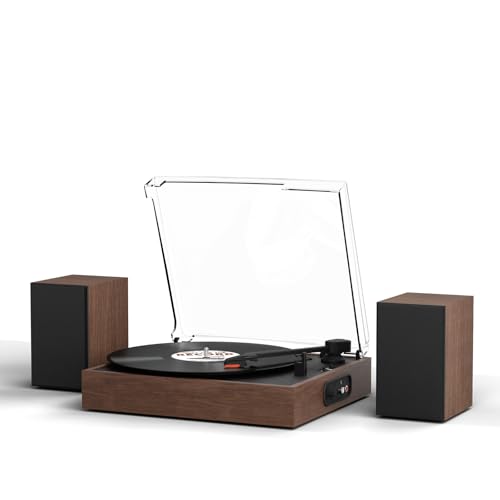 Vinyl Record Player with External Stereo Speakers Vintage Turntable for Vinyl Records LP Players Support Wireless Playback 2 Speed Auto Stop RCA Out Walnut