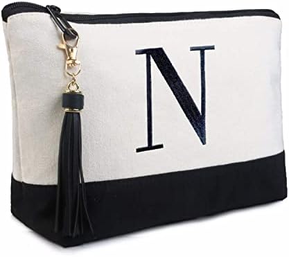 BeeGreen Birthday Gifts for Women Unique Personalized Makeup Bag for Mother Initial Canvas Cosmetic Bag with Inner Pocket and Tassel for Graduation Gifts Teachers Friends Embroidery (Letter N)
