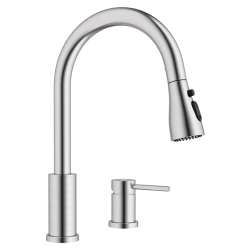 APPASO 2 Hole Kitchen Faucet, S304 Stainless Steel Two Holes Kitchen Sink Faucets with Pull Down Sprayer 3 Modes, Brushed Nickel High Arch Modern Faucet with Side Single Seperate Handle 2 Pieces