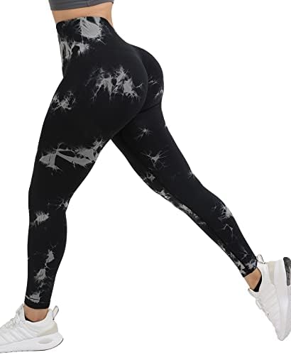 Wavar Tie Dye Scrunch Butt Lifting Seamless Leggings for Women High Waist Yoga Pants Tummy Control Running Workout Tight Black