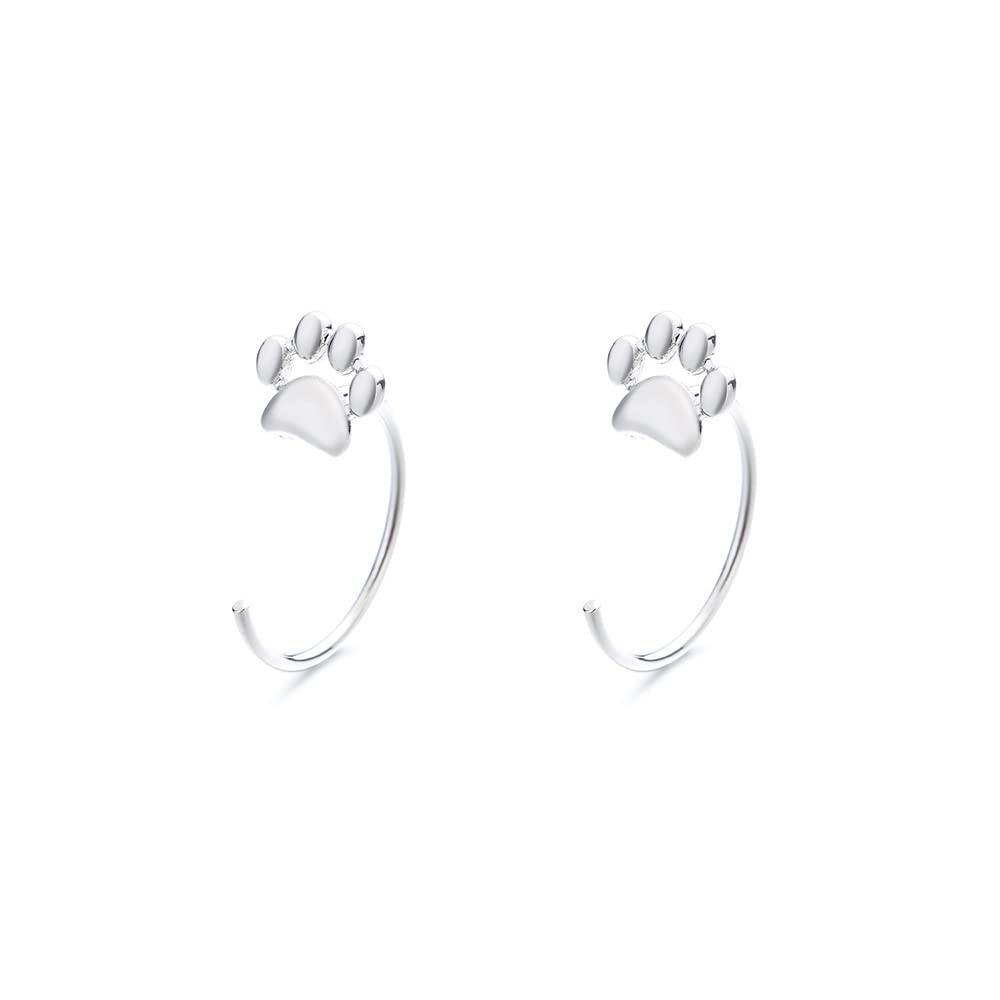Tiny Puppy Paw Print Half Hoop Earrings 925 Sterling Silver Plated Cartilage Tragus Piercing Small Stud Cuff Nose Ring Fake Huggie Animal Fashion Jewelry Gift for Women Girls Teen Christmas Birthday