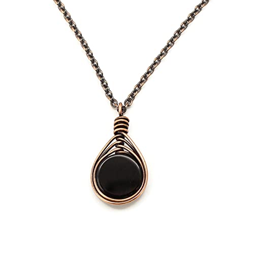 Pillar of Salt Studio Handcrafted Black Onyx Gemstone Copper Wire Wrapped 1" Pendant Necklace (18" Chain)
