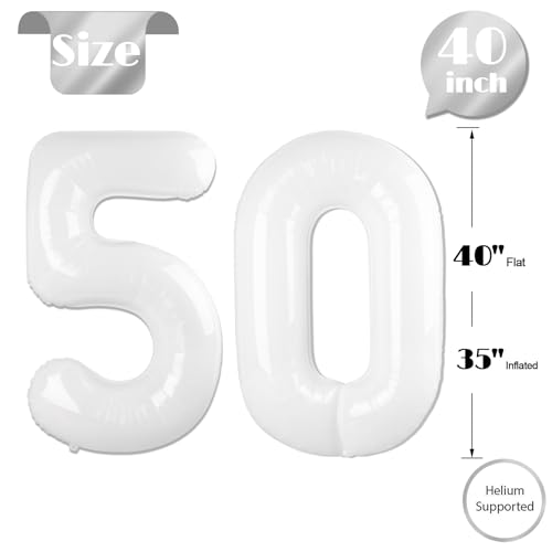 Image of White Number 50 Balloon 40 inch, Translucent 50 Number Balloons, 50th White Birthday Decorations for Women Men, 50 Year Old Party Supplies