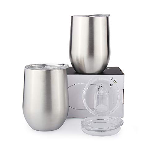 Sivaphe Voyage Verres À Bière À Vin INOX Tasses à Café Thé Metal Mug Isotherme Acier Inoxydable Double paroi Stemless avec Couvercles pour Camping 350ML-Lot de 2 argenté