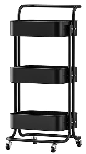 FUREINSTORE Carrito Auxiliar con Ruedas, Carro Organizador Metalico 3 Niveles Multiuso para Cocina, Baño, Dormitorio, Oficina, Fácil de Mover y Montar (Negro)