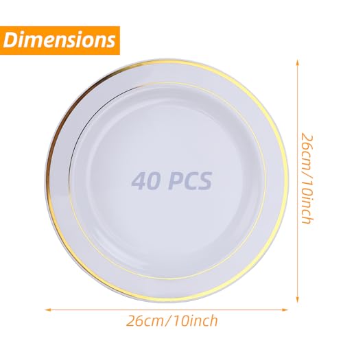 SHUESS 40 Pack White Plastic Plates with Gold Rim - 10 Inches Round Plastic Plates Reusable - Sturdy Dinner Plates - Elegant Party Plates for Weddings, Parties, Catering, and Picnics (26 cm) - Image 3