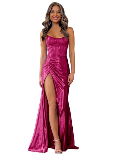 Lrhneeior Hot Pink Glitter Sequin Prom Dress 2026 for Women Strapless Long Prom Dresses with Slit...