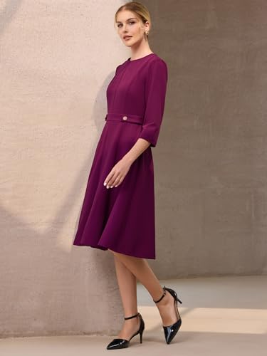 Women's 3/4 Sleeve A-Line Dress Crew Neck Business Work Flare Midi Dresses3