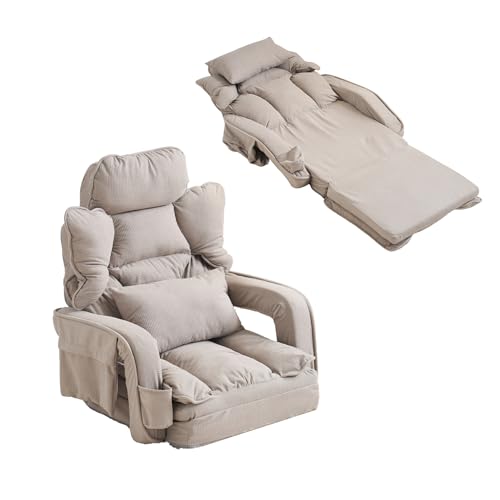 MonoLuxe 座椅子 ソファーベッド 一人用 幅最大165cm 座椅子 リクライニング 肘掛け付き ハイバック 90°~180°角度調節 42段調整可能 2WAY 折りたたみ可能 収収納ポケット付き ドリンクホルダーポケット付き ワッフル織り 通気性よ