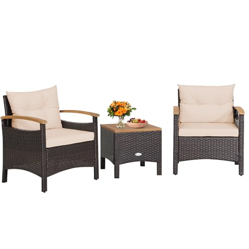COSTWAY Conjunto Terraza 3 Piezas, Conjunto de Muebles Ratán de jardín, Mesa de Café, 2 Sillas de Ratón con Cojín Desmontable y Respaldo, Madera de Acacia para Patio, Piscina, Balcón (marrón)