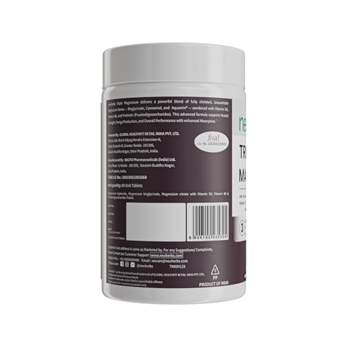 Image of Neuherbs Triple Magnesium Tablets (Bisglycinate, Aquamin & Liposomal) | Supports Sleep, Stress Relief, Muscle Recovery & Bone Health | High Absorption Magnesium Supplement for Men & Women - 60 Tablets