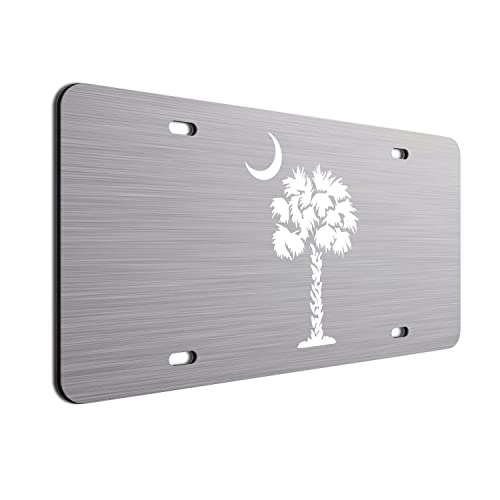 White Palm Tree Crescent Moon Brushed Aluminum ACM License Plate South Carolina Beach Logo Car Tag