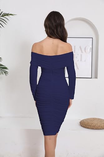 Image of Fooullaide Women's Sexy Off Shoulder Sleeveless Bodycon Ruched Midi Dress | Stretchy, Breathable, Mesh, Not See-Through, Elegant,Formal Gown, Cocktail, Evening, Party, Night Out Tube Dresses