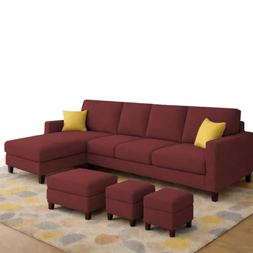 Image of Casaliving Rolando Seater L Shape Sofa Set for Living Room Left Side (Maroon, 6 Seater with Ottomon - LHS)