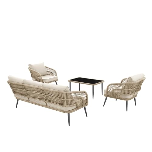 Image of 5 Seater Outdoor Weaving Rope Patio Furniture Set,Waterproof Outdoor Sofa Seating Sturdy Powder-Coated Iron Frame Conversation bistroSet for Balcony,Backyard,Lawn,Garden,Indoor(Beige Color).