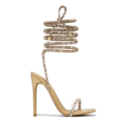 GATUXUS Sexy Women's Stilettos High Heel Gladiator Strappy Sandals Square Toe Lace Up Dressy Pumps Shoes (Gold, numeric_7)