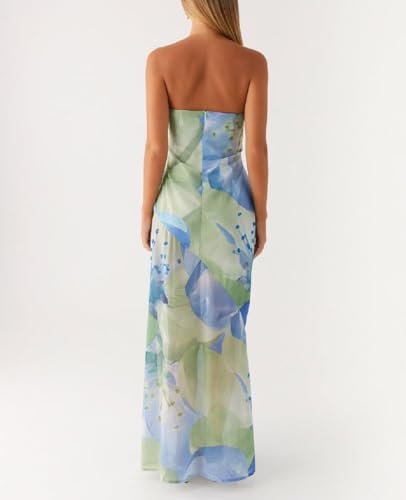 Image of Women Floral Strapless Maxi Dress Y2K Bodycon Tube Long Dresses Sexy Party Formal Cocktail Beach Slit Dress