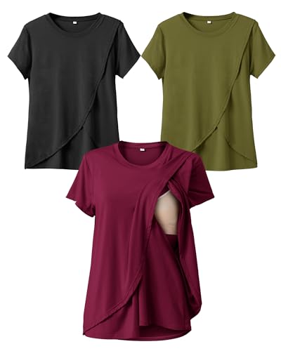 Image of Rnxrbb Small Summer Nursing Tops for Breastfeeding T Shirts Short Sleeve Postpartum Clothes Sets 3 Pack