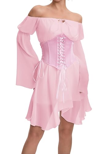 Image of Womens Corset Dresses Off Shoulder Bell Sleeve Casual Party Fairy Two Piece Outfits Bustier Dress