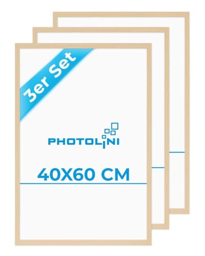 PHOTOLINI Marcos 40x60 cm madera MDF natural, set de 3 marcos para pósteres, cristal acrílico, para colgar, incluye accesorios   para fotos, láminas y pósteres