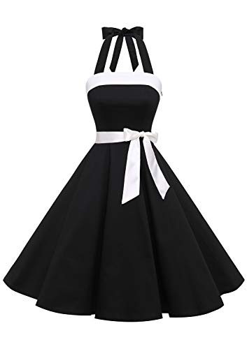 Timormode Abito Vintage Donne Vestito Cocktail 1950 Gonna retrò Estiva Rockabilly Allacciatura al Collo di Polka Dots Molti Colori Black2 XL