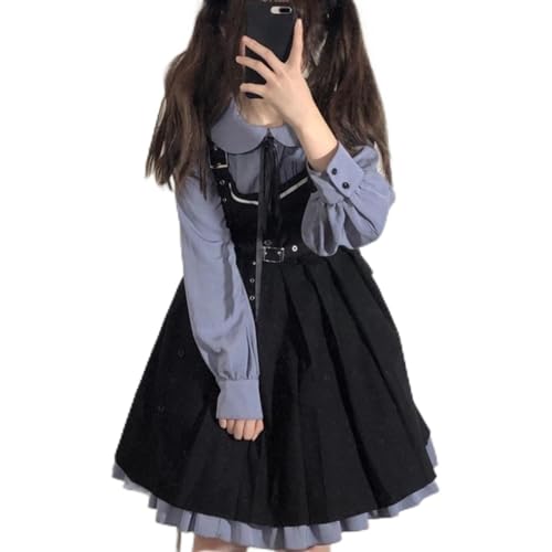 SARGE Robe Kawaii Lolita Douce Fille à Bretelles 2 pièces Chemise décontractée Tenues japonaises Femme Taille unique Col V Longueur au genou Été 2022 2 Set As...