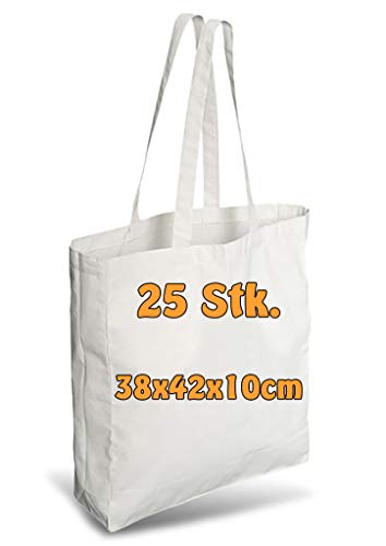 Cottonbagjoe Einkaufstaschen | 38x42x10 cm | Seiten und Bodenfalte | mit langen Henkeln | Jutebeutel | Baumwolltaschen zum Bemalen, Bedrucken | DIY