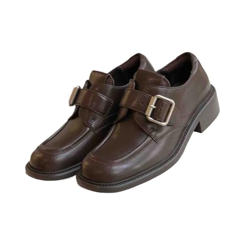 Women's Retro Chunky Heel Brogue with Buckle Elegant Oxford Shoes for Work & School - Comfortable Wide Fit Leather Booties for Women