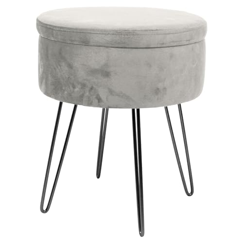 Harbour Housewares Velvet Round Foot Stool with Storage - Grey with Black Legs - Modern Dressing Table Pouffe Footstool Vanity Seats Vanity Chairs Footstools for Living Room, Bedroom