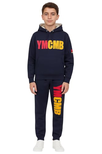 HOUBERT Jogging enfant, Survêtement Garçon YMCMB - Sweat à Capuche + Pantalon Jogging - Coton - Bleu Marine avec Logo Rouge et Jaune de 8 à 16 ans (FR/ES,...