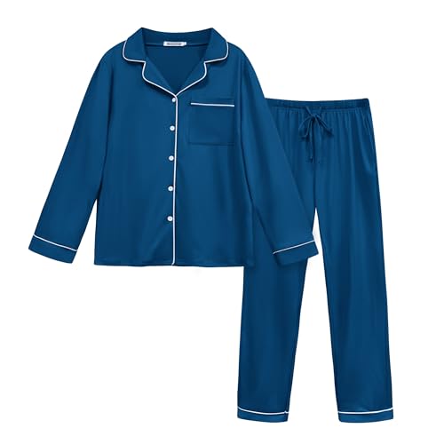 Lovasy Pijama Mujer Invierno Largos 2 Piezas Botones Conjunto de Pijama Mujer Manga Larga con Bolsillos,Azul Cobalto,L