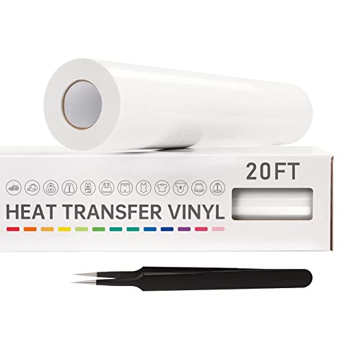 VinylRus Heat Transfer Vinyl-12” x 20ft White Iron on Vinyl Roll for Shirts, HTV Vinyl for Silhouette Cameo, Easy to Cut & Weed