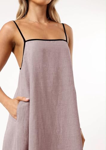 Image of Senllen Women's Linen Dress Summer Loose Flowy Sundress Contrast Spaghetti Strap Sleeveless Backless Beach Maxi Long Dresses