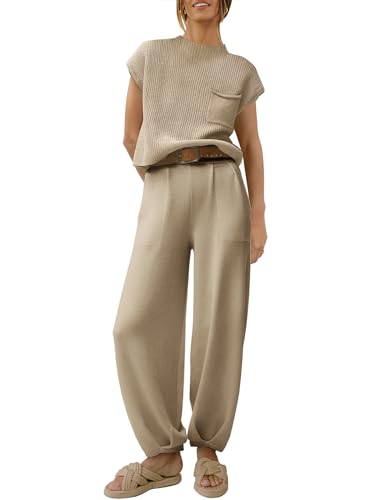 Image of ANRABESS Women's Two Piece Outfits Sweater Sets Knit Pullover Tops and High Waisted Pants Tracksuit Lounge Sets