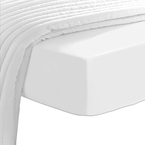 Pizuna Sabana Bajera 150x200 Ajustable Algodon Blanco,Tejido Satinado de Lujo 100% algodón de Fibra Larga de 400 Hilos Sabana Bajera 150 para colchones de hasta 40 cm de Grosor - 1 Pieza
