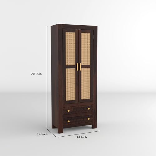 Image of PS DECOR Solid Sheesham Wood Book Shelf Cabinet with Cane Rattan Doors & 2 Drawers | Modern Wooden Bookshelf Storage Unit for Home Library, Living Room & Office (Walnut Finish)