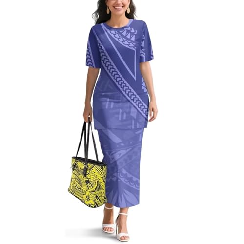 Image of Puletasi Samoan Traditional 2 Piece Outfits for Women Short Sleeve Crop Top and Maxi Skirt Sets Puletasi Dress