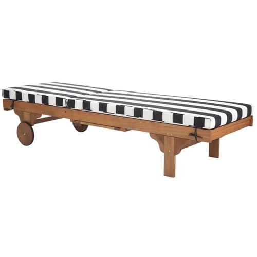 Image of SAFAVIEH Outdoor Collection Newport Natural / Black & White Stripe Cushion Built-in Side Table Adjustable Chaise Lounge Chair