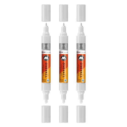 Molotow One4All Lot de 3 marqueurs acryliques Twin (épaisseur de trait 1,5 et 4,0 mm, très couvrant et permanent, séchage rapide, rechargeables, pour presque toutes les surfaces) Couleur 251 blanc