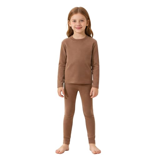 Sywiyi Conjunto de ropa interior térmica para niñas y niños, cuello redondo, camiseta interior, leggings, pantalones, unisex, para otoño e invierno, marrón, 98 104